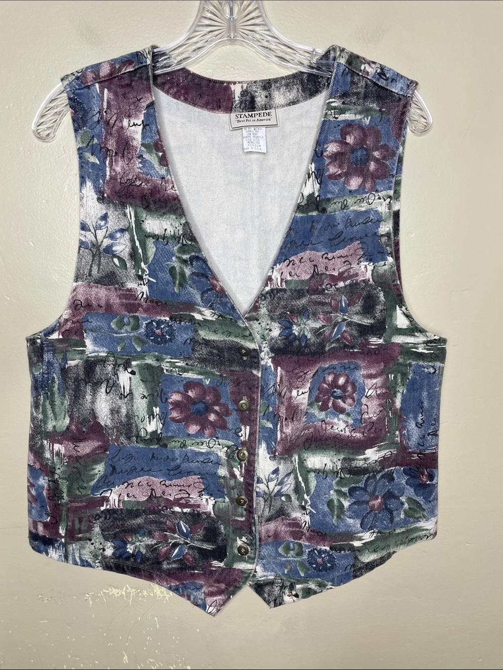 VINTAGE Stampede Abstract Floral Artsy Eclectic Boho “Mom” Denim Vest Medium